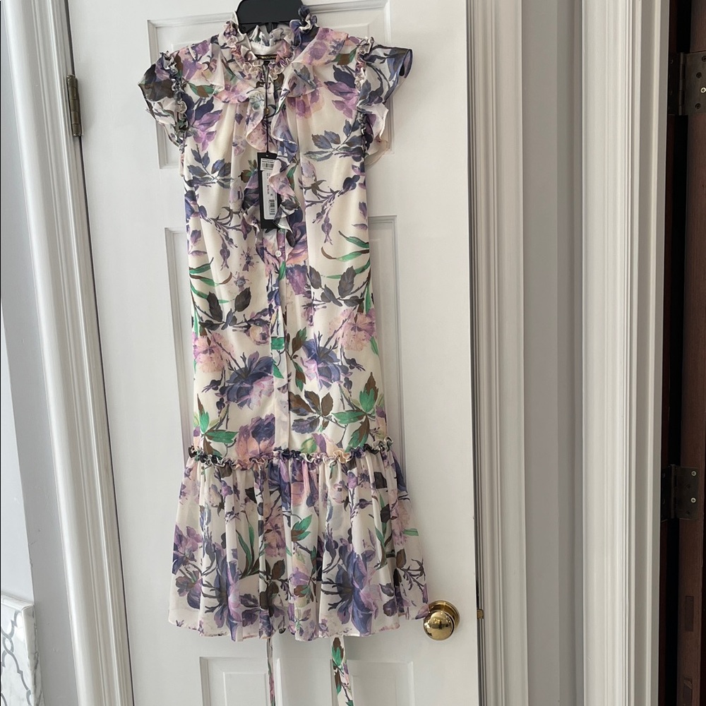 Kobi Halperin Floral Ruffle Dress in Purple and Green